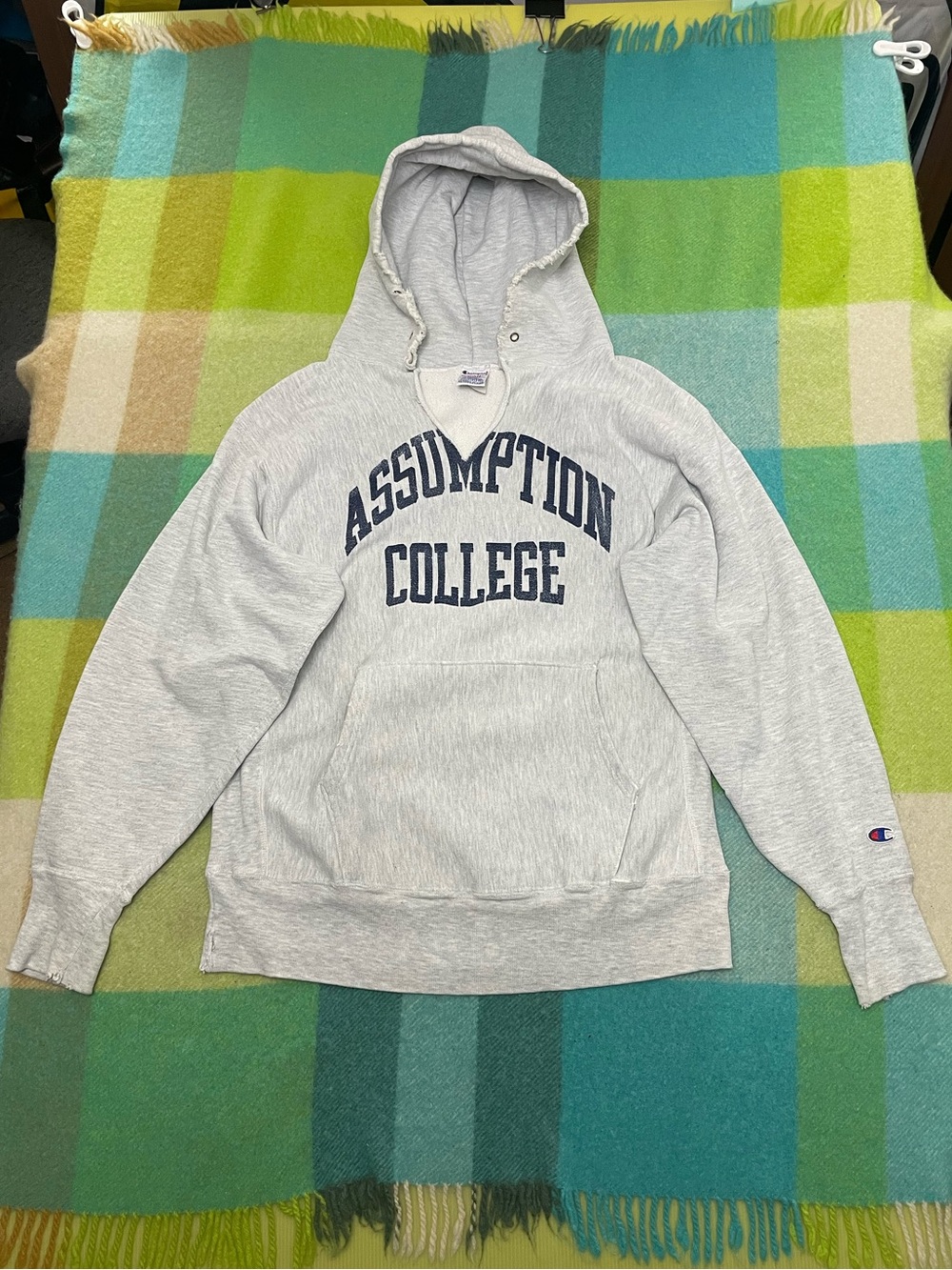 Vintage Champion Reverse Weave Assumption College Distressed Hoodie